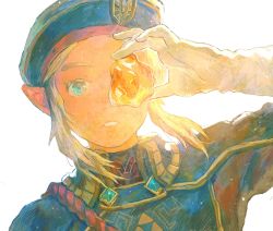 Rule 34 | 1boy, blonde hair, blue eyes, blue hat, gloves, hat, highres, holding, lingcod dayu, link, looking at viewer, male focus, nintendo, official alternate costume, parted lips, pointy ears, royal guard set (zelda), sidelocks, solo, the legend of zelda, the legend of zelda: breath of the wild, triforce print, white gloves