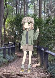 Rule 34 | 1girl, :/, absurdres, arm at side, blush, brown hair, brown skirt, cargo skirt, closed mouth, doublep0ints, expressionless, fence, forest, green eyes, green jacket, grey leg warmers, hair ornament, hairclip, hand up, high collar, highres, jacket, long sleeves, looking at viewer, medium hair, nature, open clothes, open jacket, path, photo background, road, shoes, sidelocks, skirt, sneakers, solo, standing, v, wooden fence, yama no susume, yukimura aoi