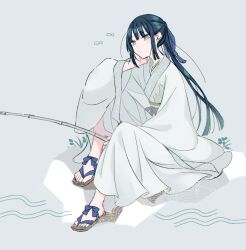 Rule 34 | 1girl, aqua nails, chinese clothes, closed mouth, earrings, fate/grand order, fate (series), fishing, fishing rod, full body, green eyes, green hair, grey background, hand on own cheek, hand on own face, hanfu, holding, holding fishing rod, jewelry, jing ke (fate), katagiri (mighty swing), long sleeves, looking afar, nail polish, ponytail, sandals, simple background, sitting, solo, toenail polish, toenails, wide sleeves