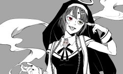 Rule 34 | 1girl, absurdres, akiwashi, bandaid, bandaid on face, braid, character request, cigarette, facial mark, fingernails, grey background, halo, heterochromia, highres, holding, holding cigarette, jewelry, kamippoina (vocaloid), monochrome, nail polish, nun, piercing, ring, smoke, smoking, spot color, tongue, tongue out, tongue piercing, twin braids