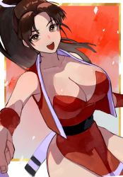 Rule 34 | 1girl, :d, bare shoulders, breasts, brown eyes, brown hair, cleavage, fatal fury, folding fan, hand fan, high ponytail, japanese clothes, large breasts, long hair, looking at viewer, ninja, oni gini, open mouth, pelvic curtain, ponytail, revealing clothes, shiranui mai, smile, snk, solo, the king of fighters, thighs