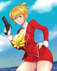 Rule 34 | 1girl, agent aika, aika (series), aqua eyes, artist request, bird, blonde hair, blue eyes, blue sky, breasts, brooch, brown hair, bustier, cleavage, collar, day, detached collar, earrings, folded ponytail, gun, hand on own hip, holding, holding gun, holding weapon, jacket, jewelry, large breasts, light brown hair, lipstick, looking at viewer, makeup, ocean, ponytail, red jacket, red skirt, shimesaba7572, skirt, sky, smile, solo, sumeragi aika, weapon