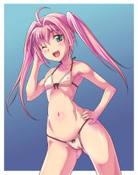 Rule 34 | 1girl, bad id, bad pixiv id, bikini, cameltoe, covered erect nipples, e20, flat chest, green eyes, marron (quiz magic academy), one eye closed, outside border, pink hair, quiz magic academy, solo, swimsuit, twintails, wink