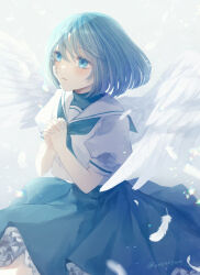 Rule 34 | 1girl, ado (utaite), akuru-chan (ado), angel wings, bandaid, bandaid on face, blue eyes, blue hair, blue neckerchief, blue skirt, cloud nine inc, commentary, eien no akuru hi, falling feathers, feathered wings, feathers, interlocked fingers, juliet sleeves, long sleeves, neckerchief, own hands clasped, own hands together, parted lips, puffy sleeves, sailor collar, shirt, short hair, shouzai (ooo1007ooo), skirt, solo, tearing up, twitter username, white sailor collar, white shirt, wings
