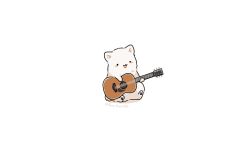 Rule 34 | :3, animal, animal focus, artist name, black eyes, blush stickers, dog, fluffy, fuwa fuwa dog, guitar, holding, holding instrument, instrument, no humans, open mouth, original, simple background, sitting, solid circle eyes, solo, twitter username, white background