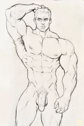 Rule 34 | 1boy, abs, absolum art, armpit hair, armpits, bara, completely nude, facial scar, feet out of frame, flaccid, greyscale, hand on own head, highres, large pectorals, looking at viewer, male focus, mature male, monochrome, muscular, muscular male, navel, navel hair, nipples, nude, old, old man, overwatch, overwatch 1, pectorals, penis, scar, scar on cheek, scar on face, short hair, soldier: 76 (overwatch), solo, standing, stomach, thick thighs, thighs, traditional media, uncensored