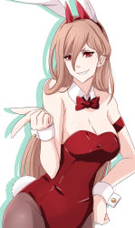 Rule 34 | 1girl, alternate costume, animal ears, bare shoulders, bow, bowtie, breasts, brown hair, brown pantyhose, bunny day, chainsaw man, cleavage, cross-shaped pupils, detached collar, fake animal ears, gudon (iukhzl), hand on own hip, horns, large breasts, leotard, long hair, looking at viewer, pantyhose, playboy bunny, power (chainsaw man), rabbit ears, rabbit tail, red bow, red eyes, red leotard, sharp teeth, simple background, smile, solo, symbol-shaped pupils, tail, teeth, white background, wrist cuffs