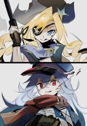 Rule 34 | 2girls, 2koma, black gloves, blonde hair, blood, blue eyes, chesed (uporyz), colt revolver (girls&#039; frontline), colt revolver (mod3) (girls&#039; frontline), colt single action army, comic, commentary request, cowboy hat, eyepatch, facial mark, fingerless gloves, girls&#039; frontline, gloves, grey background, grey hair, grin, gun, hair between eyes, handgun, hat, highres, holding, holding gun, holding weapon, jacket, long hair, looking at viewer, makarov (girls&#039; frontline), makarov (mod3) (girls&#039; frontline), makarov pm, mod3 (girls&#039; frontline), multiple girls, red eyes, red scarf, revolver, scarf, simple background, smile, weapon