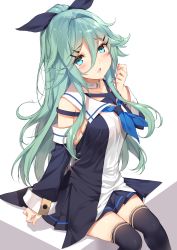 Rule 34 | 1girl, absurdres, black ribbon, black serafuku, black skirt, black thighhighs, blue neckerchief, blush, breasts, collar, commentary request, detached sleeves, green eyes, green hair, hair between eyes, hair ornament, hair ribbon, hairclip, hand up, highres, kantai collection, long hair, long sleeves, looking at viewer, medium breasts, neckerchief, parted bangs, parted lips, pleated skirt, ponytail, ribbon, school uniform, serafuku, sideboob, sitting, skirt, smile, solo, thighhighs, yamakaze (kancolle), yappen