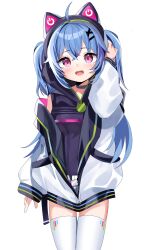 Rule 34 | 1girl, absurdres, animal ears, belt, blue hair, chiaki katsumi, commission, fake animal ears, hair ornament, hairclip, hand in own hair, highres, hood, hoodie, jacket, long hair, looking at viewer, nose, open mouth, pink eyes, pixellink, pocket, shorts, simple background, thighhighs, thighs, virtual youtuber, white background, zipper