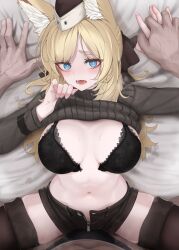 Rule 34 | 1boy, 1girl, absurdres, animal ear fluff, animal ears, arknights, black bra, black shorts, blonde hair, blue eyes, blush, bra, breasts, clothes lift, front-hook bra, hetero, highres, horse ears, horse girl, large breasts, long sleeves, medium breasts, mildt, navel, pov, shorts, solo focus, stomach, sweat, sweater, sweater lift, thighhighs, underwear, unzipped, whislash (arknights), zipper