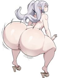 Rule 34 | 1girl, ass, ass clapping, ass shake, back, butt crack, cleft of venus, curvy, earrings, elf, elf female, frieren, grey hair, high heels, highres, huge ass, jewelry, long hair, motion lines, pointy ears, pussy, solo, sousou no frieren, thecon, thick thighs, thighs, twerking, twintails, uncensored, white background, white hair, wide hips