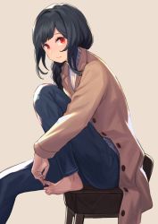 Rule 34 | 1girl, barefoot, black hair, blue pants, blush, braid, brown coat, coat, commentary request, hair over shoulder, long hair, long sleeves, looking at viewer, open clothes, open coat, original, pants, peroncho, red eyes, ribbed sweater, single braid, solo, sweater, turtleneck, turtleneck sweater, white sweater