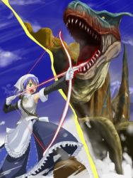 Rule 34 | 1girl, arrow (projectile), bow (weapon), capcom, drawing bow, green eyes, hinata-bokko (sanpo fuumi), holding bow (weapon), monster, monster hunter (series), purple hair, solo, tigrex, weapon