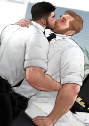 Rule 34 | 2boys, bara, beard, belt, black hair, black pants, blush, brown hair, collared shirt, couple, dopey (dopq), closed eyes, facial hair, hand on another&#039;s neck, highres, kiss, large pectorals, legs together, male focus, manly, multiple boys, muscular, mustache, necktie, original, pants, pectorals, salaryman, shirt, sleeves rolled up, upper body, white shirt, yaoi