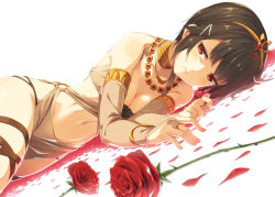 Rule 34 | 1girl, armlet, bracelet, breasts squeezed together, breasts, bridal gauntlets, brown hair, cleavage, collarbone, dancer, expressionless, flower, gem, hair ornament, hairband, hairclip, harem outfit, jewelry, kinta (distortion), looking at viewer, lying, medium breasts, midriff, navel, necklace, o-ring bottom, on side, original, petals, red eyes, rose, rose petals, short hair, solo, thigh strap, white background
