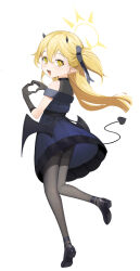 Rule 34 | 1girl, black dress, black footwear, black gloves, black horns, black pantyhose, black tail, black wings, blonde hair, blue archive, demon horns, demon tail, demon wings, dress, fuenyuan, full body, gloves, highres, horns, ibuki (blue archive), ibuki (dress) (blue archive), long hair, official alternate costume, pantyhose, pointy ears, shoes, side ponytail, simple background, solo, tail, white background, wings, yellow eyes
