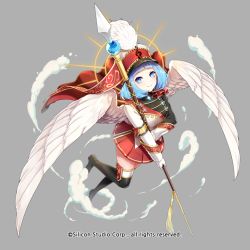 Rule 34 | 1girl, blue eyes, blue hair, boots, cape, company name, copyright name, feathered wings, feathers, full body, gloves, grey background, gyakushuu no fantasica, hat, millgua, miniskirt, official art, polearm, simple background, skirt, spear, weapon, wings