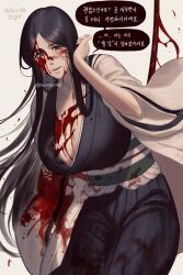 Rule 34 | 1girl, 50x48x48, arm at side, black hair, black kimono, bleach, blood, blood on breasts, blood on clothes, blood on face, bloody weapon, blue eyes, breasts, cleavage, collarbone, commentary, feet out of frame, fighting stance, grey background, hair over shoulder, hand up, haori, highres, huge breasts, japanese clothes, katana, kimono, leaning forward, long hair, looking at viewer, open mouth, parted bangs, simple background, smile, solo, speech bubble, standing, straight hair, sword, teeth, translation request, twitter username, unohana retsu, very long hair, weapon, white kimono