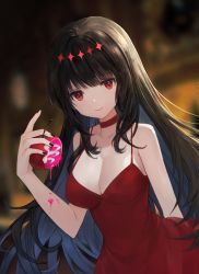 Rule 34 | 1girl, apple, bare arms, bare shoulders, bisque, black nails, blurry, blurry background, breasts, brown background, brown hair, choker, cleavage, collarbone, dress, food, fruit, hair ornament, highres, holding, large breasts, long hair, nail polish, noise, original, red choker, red dress, red eyes, shiny skin, smile, solo, star (symbol), star hair ornament, upper body