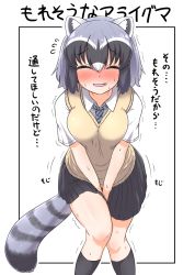 Rule 34 | 1girl, alternate costume, animal ears, bad id, bad pixiv id, between legs, black border, black hair, black skirt, black socks, blouse, blush, border, closed eyes, collared shirt, commentary request, common raccoon (kemono friends), diagonal-striped clothes, diagonal-striped necktie, diagonal-striped neckwear, dress shirt, facing viewer, fang, grey hair, grey necktie, hand between legs, have to pee, highres, kemono friends, leaning forward, miniskirt, multicolored hair, necktie, ngetyan, open mouth, outside border, pleated skirt, raccoon ears, raccoon tail, school uniform, shirt, short hair, short sleeves, skirt, smile, socks, solo, standing, striped clothes, striped necktie, striped neckwear, striped tail, sweat, sweater, sweater vest, tail, translation request, trembling, v-neck, white background, white shirt, wing collar, yellow sweater