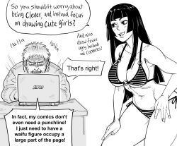 Rule 34 | 1boy, 1girl, artist self-insert, asus, bb (baalbuddy), bikini, black hair, breasts, cleavage, computer, desk, english text, facial hair, greyscale, hand on own hip, hand on own leg, highres, hime cut, hime cut wife (baalbuddy), laptop, large breasts, long hair, monochrome, navel, o-ring, o-ring top, original, side-tie bikini bottom, simple background, sitting, smile, speech bubble, striped bikini, striped clothes, stubble, swimsuit, thick thighs, thighs, underboob, white background