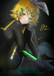 Rule 34 | 1girl, absurdres, bad id, bad twitter id, black background, black bodysuit, blonde hair, bodysuit, bow, commentary, glowing, green eyes, hair bow, highres, interface headset, kagamine rin, knee up, lens flare, light particles, looking at viewer, neon trim, pafufu, plugsuit, short hair, sitting, solo, tile floor, tiles, vocaloid, white bow