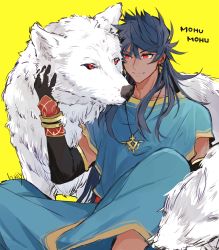 Rule 34 | 1boy, blue hair, dark-skinned male, dark blue hair, dark skin, earrings, fate/grand order, fate (series), greco-roman clothes, hally, highres, jewelry, long hair, male focus, necklace, petting, red eyes, remus (fate), roman clothes, romulus quirinus (fate), smile, solo focus, vambraces, very long hair, wolf