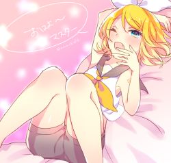 Rule 34 | 1girl, arm over head, arm tattoo, blonde hair, blue eyes, bow, hair bow, hair ornament, hairclip, half-closed eye, kagamine rin, kawahara chisato, looking at viewer, lying, number tattoo, on back, one eye closed, sailor collar, short hair, shorts, sleepy, solo, stretched limb, tattoo, treble clef, vocaloid, yawning