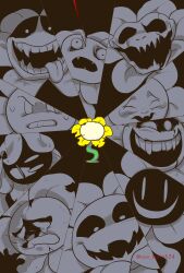Rule 34 | 1other, absurdres, black eyes, black sclera, clenched teeth, colored sclera, crazy eyes, crying, crying with eyes open, evil grin, evil smile, expressions, fangs, flower, flowey (undertale), golden flower (undertale), grey theme, greyscale, grin, highres, horror (theme), monochrome, oso karin524, sadism, scared, shaded face, sharp teeth, smile, spot color, streaming tears, sweat, nervous sweating, tears, teeth, twitter username, undertale, white eyes, yellow flower