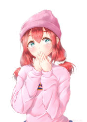 Rule 34 | 1girl, blue eyes, blush, covering own mouth, hair between eyes, hair ornament, hair scrunchie, highres, kurosawa ruby, long hair, long sleeves, looking at viewer, love live!, love live! sunshine!!, low twintails, pink headwear, pink sweater, red hair, scrunchie, simple background, solo, sweater, toine, twintails, upper body, white background, white scrunchie