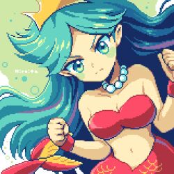 Rule 34 | 1girl, aqua hair, artist name, bare shoulders, bikini, bikini top only, blue background, breasts, cleavage, clenched hands, closed mouth, cowboy shot, crown, eyelashes, fins, fish tail, green background, green eyes, hands up, hiroita, jewelry, large breasts, long hair, looking at viewer, lowres, mad (wario), mario (series), meidou (wario), mermaid, monster girl, navel, necklace, nintendo, parted bangs, pearl necklace, red bikini, red tail, red wristband, scales, solo, stomach, swimsuit, tail, thick eyebrows, wario&#039;s woods, wet, wristband