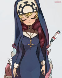 Rule 34 | 1girl, 2018, blonde hair, breasts, cowboy shot, cross, cross necklace, double (skullgirls), extra mouth, closed eyes, grey background, habit, head tilt, highres, jewelry, marker, monster, necklace, nun, onionsketch, skullgirls, smile, solo