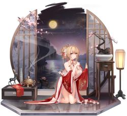 Rule 34 | 1girl, azur lane, bare shoulders, barefoot, blonde hair, blue eyes, breasts, chinese clothes, cleavage, cleavage cutout, clothing cutout, detached sleeves, dress, flower, glorious (azur lane), glorious (pungent plum) (azur lane), hair flower, hair ornament, hair stick, highres, kincora, kneeling, large breasts, looking at viewer, moon, neck ribbon, night, night sky, official alternate costume, official art, plant, potted plant, red dress, reflection, ribbon, sky, transparent background, wide sleeves