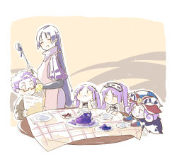 Rule 34 | 2boys, 3girls, = =, black-framed eyewear, blood, bone, chibi, color connection, colored blood, commentary request, euryale (fate), fate/grand order, fate (series), fork, hairband, hat, head rest, heart, highres, holding, holding fork, holding knife, holding ladle, holding newspaper, holding paper, isaac bou, knife, ladle, lancelot (fate/grand order), lolita hairband, long hair, looking at another, low-tied long hair, mephistopheles (fate), minamoto no raikou (fate), multiple boys, multiple girls, newspaper, paper, plate, purple blood, purple hair, red hat, semi-rimless eyewear, short hair, siblings, sisters, stheno (fate), table, tablecloth, twins, under-rim eyewear, very long hair