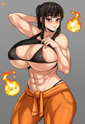 Rule 34 | 1girl, abs, absurdres, areola slip, arm behind head, arm up, artist name, bare shoulders, bikini, black bikini, black tank top, breasts, clothes around waist, clothes lift, collarbone, commentary, en&#039;en no shouboutai, eyelashes, fire, grey background, highres, huge breasts, jacket, jacket around waist, jmg, looking at viewer, maki oze, muscular, muscular female, navel, orange jacket, orange pants, pants, parted lips, ponytail, purple eyes, seductive smile, shirt lift, simple background, smile, swimsuit, tank top, thick thighs, thighs, underboob