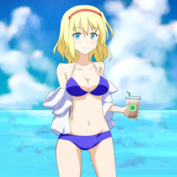 Rule 34 | 1girl, alice margatroid, beach, bikini, blonde hair, blue bikini, blue eyes, breasts, cato (monocatienus), cleavage, collarbone, day, drink, hairband, looking at viewer, navel, open clothes, smile, solo, strap gap, swimsuit, touhou