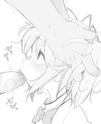 Rule 34 | 1boy, 1girl, bow, bowtie, commentary request, cum, cum in mouth, cum overflow, fellatio, from side, greyscale, hair between eyes, hair ribbon, hands on another&#039;s head, henyaan (oreizm), hetero, highres, irrumatio, kaname madoka, looking at another, looking up, mahou shoujo madoka magica, mahou shoujo madoka magica (anime), mitakihara school uniform, monochrome, oral, penis, portrait, profile, ribbon, school uniform, short hair, short twintails, simple background, sketch, solo focus, sweat, tearing up, trembling, twintails, twitching penis, uncensored, white background