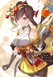 Rule 34 | 1girl, absurdres, bare shoulders, black gloves, breasts, brown hair, chiori (genshin impact), choker, commentary request, cowboy shot, genshin impact, gloves, grey kimono, grey pantyhose, hair ornament, hair stick, hamonji, highres, japanese clothes, kimono, large breasts, long hair, looking at viewer, miniskirt, obi, off shoulder, orange eyes, orange sash, pantyhose, sash, short sleeves, side ponytail, skirt, solo, standing, thread, white background, yellow skirt
