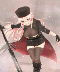 Rule 34 | 1girl, anti-materiel rifle, black footwear, black gloves, black thighhighs, blonde hair, bolt action, boots, breasts, cleavage cutout, clothing cutout, earrings, fingerless gloves, fishnet thighhighs, fishnets, fur hat, girls&#039; frontline, gloves, gun, hair between eyes, hat, highres, jewelry, long hair, looking at viewer, military, military uniform, mole, mole under eye, papakha, ptrd-41, ptrd (girls&#039; frontline), purple eyes, revealing clothes, rifle, simple background, sniper rifle, solo, thighhighs, tongue, tongue out, tsuguojisan, tuguoji, turtleneck, underboob, underboob cutout, uniform, weapon