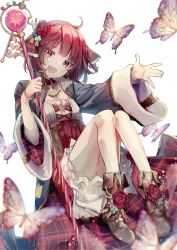 Rule 34 | 1girl, :d, absurdres, artist name, atelier (series), atelier sophie, atelier sophie 2, blue coat, brown eyes, brown footwear, bug, butterfly, coat, dress, flower, full body, hair flower, hair ornament, highres, hitoba, holding, holding staff, insect, jewelry, long sleeves, looking at viewer, multicolored clothes, multicolored dress, necklace, open clothes, open coat, open mouth, red flower, red hair, red ribbon, red rose, ribbon, rose, short hair, smile, solo, sophie neuenmuller, staff, striped clothes, striped dress, white background, white sleeves, wide sleeves