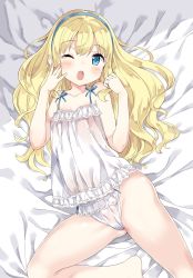 Rule 34 | 1girl, bad id, bad pixiv id, bare arms, bare legs, bare shoulders, barefoot, bed sheet, blonde hair, blue eyes, blue hairband, blush, camisole, collarbone, copyright request, gyuunyuu nomio, hair between eyes, hairband, highres, long hair, lying, on back, open mouth, panties, solo, tears, teeth, underwear, underwear only, upper teeth only, very long hair, white camisole, white panties, yawning