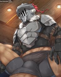Rule 34 | 2boys, abs, anus, armor, bara, bk mita, boxers, breastplate, bulge, bulge press, bulges touching, dark-skinned male, dark skin, feet out of frame, from below, gloves, goblin slayer, goblin slayer!, grey male underwear, helmet, highres, leather, male focus, male underwear, midriff peek, multiple boys, muscular, muscular male, no pants, paid reward available, pov, spread legs, textless version, thick thighs, thighs, topless male, underwear, yaoi