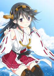 Rule 34 | 10s, 1girl, bare shoulders, blue sky, blush, brown eyes, cloud, day, detached sleeves, ekra, frilled skirt, frills, grey hair, hair ornament, hairband, hairclip, haruna (kancolle), headgear, kantai collection, lace, lace-trimmed legwear, lace trim, long hair, looking at viewer, nontraditional miko, pleated skirt, red skirt, skirt, sky, smile, solo, thighhighs, zettai ryouiki