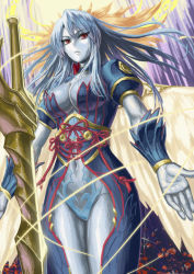 Rule 34 | 1girl, blue hair, blue skin, breasts, cleavage, colored skin, cuboon, large breasts, lord of vermilion, powers (lord of vermilion), red eyes, solo, sword, weapon, wings