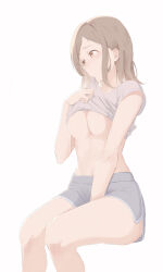 Rule 34 | 1girl, arm between legs, bare legs, blush, breasts, cleavage, clothes lift, collarbone, dolphin shorts, feet out of frame, grey shorts, highres, idolmaster, idolmaster shiny colors, invisible chair, light brown hair, masshiromilktea11014, medium breasts, mouth hold, navel, sakuragi mano, shirt lift, shorts, simple background, sitting, solo, underboob, white background