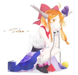 Rule 34 | 1girl, belt, blush, bow, bowtie, buttons, chain, closed mouth, cuffs, gourd, hair bow, hand on own hip, highres, holding, horn bow, horn ornament, horns, ibuki suika, looking at viewer, o (crazyoton46), orange hair, purple bow, red bow, red bowtie, shackles, shirt, short hair, sidelocks, sleeveless, solo, touhou, white shirt, wristband, yellow eyes