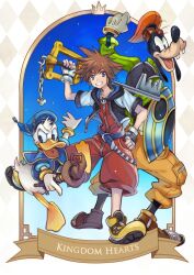 Rule 34 | 3boys, barefoot, belt, bird, blue belt, blue coat, blue eyes, blue headwear, brown hair, chain necklace, coat, cropped jacket, dog, donald duck, duck, full body, goofy, green sweater, grin, hair between eyes, hand on own hip, hat, holding, holding shield, holding staff, holding weapon, hood, hood down, hooded jacket, jacket, jewelry, jumpsuit, keyblade, kingdom hearts, looking at viewer, male focus, multiple boys, necklace, orange headwear, over shoulder, pants, red jumpsuit, shield, short hair, short jumpsuit, short sleeves, smile, sora (kingdom hearts), spiked hair, staff, sweater, teeth, turtleneck, turtleneck sweater, weapon, weapon over shoulder, yellow footwear, yellow pants, yurichi (artist)
