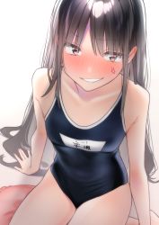 Rule 34 | 1girl, absurdres, anger vein, backlighting, bare legs, black eyes, black hair, black one-piece swimsuit, blue one-piece swimsuit, blush, breast conscious, breasts, commentary, forced smile, from above, grin, highres, long hair, looking at viewer, medium breasts, one-piece swimsuit, original, rinku (rin9), school swimsuit, simple background, sitting, sleeveless, small breasts, smile, solo, swimsuit, thighs, white background