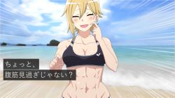 Rule 34 | 1girl, abs, anime coloring, bare shoulders, beach, black sports bra, blonde hair, blue sky, blurry, blurry background, blush, breasts, cleavage, closed eyes, cloud, collarbone, commentary request, cowboy shot, day, earrings, emphasis lines, groin, hair between eyes, hand up, jewelry, masamune oekaki, medium breasts, midriff, navel, ocean, open mouth, original, outdoors, short hair, sidelocks, sky, smile, solo, sports bra, standing, subtitled, translation request